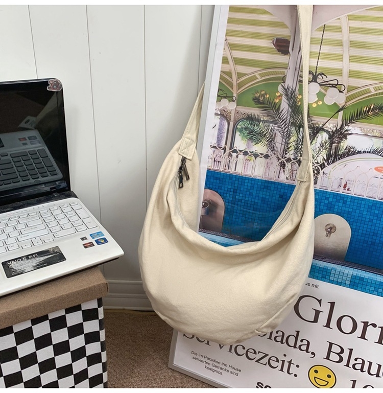 Geantă din pânză, stil Dumpling, geantă de umăr casual cu fermoar, căptușeală poliester, buzunar interior cu fermoar