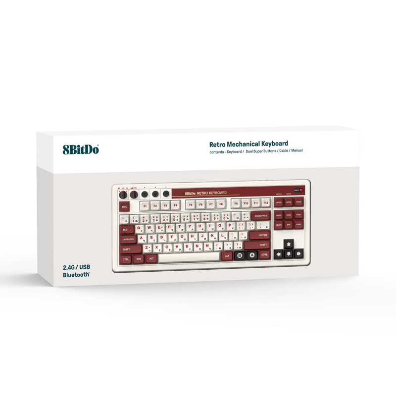 8bitdo Retro mehāniska tastatūra ar Bluetooth un kabeli savienojumu — PC/Android savietojamība, ABS korpuss, svars 1934 g