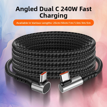 240W pletený USB-C kábel so dvojitým pravým uhlom, rýchle nabíjanie, dĺžka 2–5 m