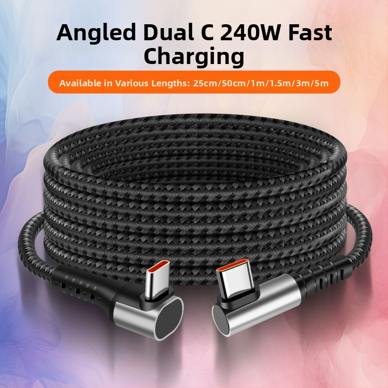 240W pletený USB-C kábel so dvojitým pravým uhlom, rýchle nabíjanie, dĺžka 2–5 m