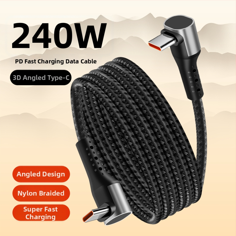 240W pletený USB-C kábel so dvojitým pravým uhlom, rýchle nabíjanie, dĺžka 2–5 m