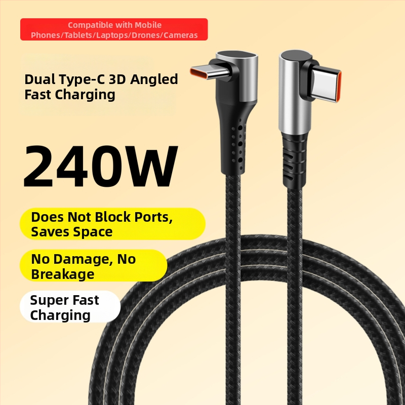 240W pletený USB-C kábel so dvojitým pravým uhlom, rýchle nabíjanie, dĺžka 2–5 m
