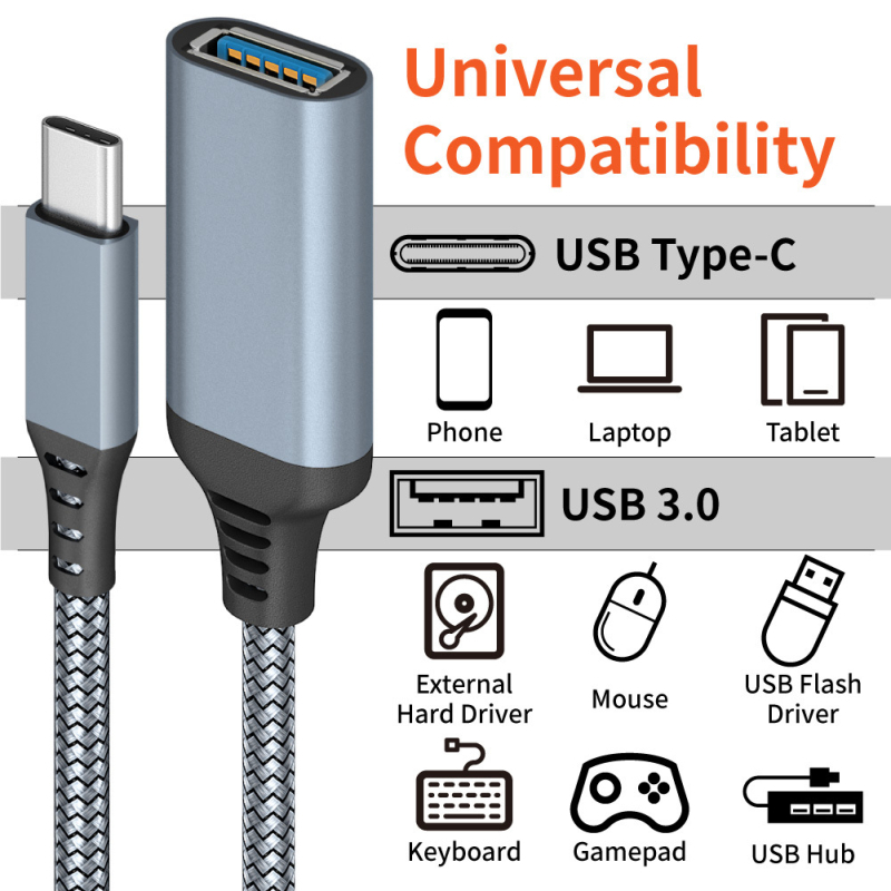 OTG USB-C na USB 3.0 adapter kabel za mobitele i tablete, aluminijska legura, max 60W, jednoglavni konektor, Type-C sučelje, prošireni prijenos