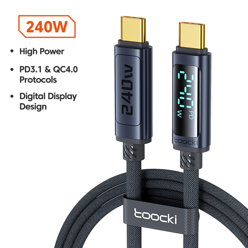 Toocki Type-C PD 240W kabel za brzo punjenje s digitalnim zaslonom, duljina 1–2 m, aluminijska legura + pleteni kabel