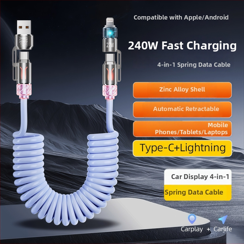 Collar craftsman 4-v-1 teleskopický auto kábel s Lightning, Micro USB a Type-C – PD rýchle nabíjanie, až 240W, dĺžka 1–2 m, PVC