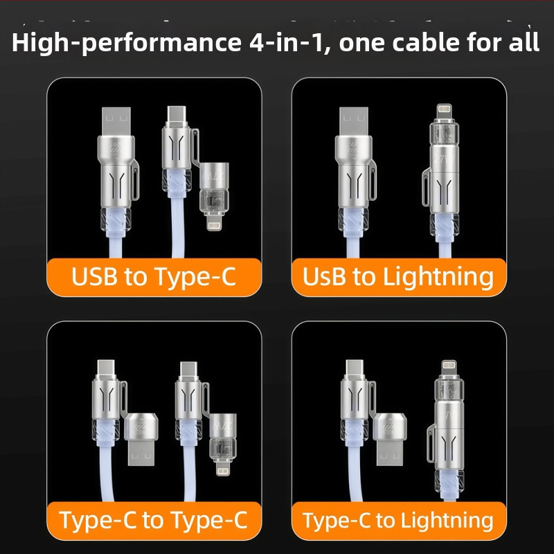 Collar craftsman 4-v-1 teleskopický auto kábel s Lightning, Micro USB a Type-C – PD rýchle nabíjanie, až 240W, dĺžka 1–2 m, PVC