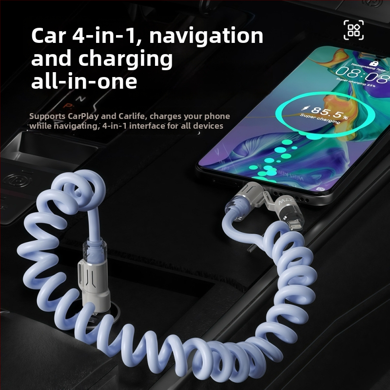 Collar craftsman 4-v-1 teleskopický auto kábel s Lightning, Micro USB a Type-C – PD rýchle nabíjanie, až 240W, dĺžka 1–2 m, PVC