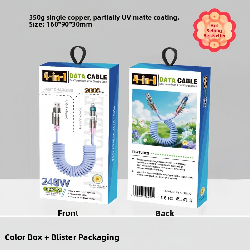 Collar craftsman 4-v-1 teleskopický auto kábel s Lightning, Micro USB a Type-C – PD rýchle nabíjanie, až 240W, dĺžka 1–2 m, PVC