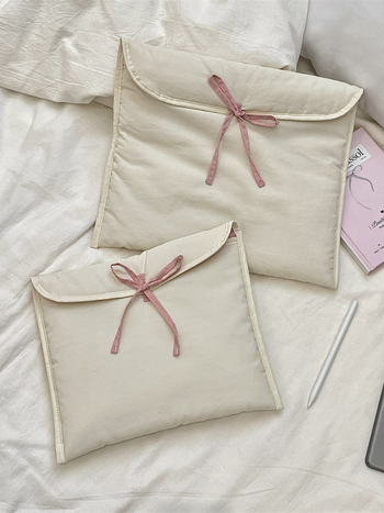 5321 Τσάντα φορητού υπολογιστή σε κορεατικό στυλ με φιόγκο, καπιτονέ, πολυεστέρας, φόδρα πολυεστέρας, μονοχρωμικό σχέδιο, άνοιξη 2025, για γυναίκες