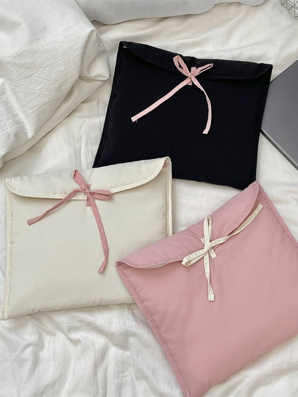 5321 Τσάντα φορητού υπολογιστή σε κορεατικό στυλ με φιόγκο, καπιτονέ, πολυεστέρας, φόδρα πολυεστέρας, μονοχρωμικό σχέδιο, άνοιξη 2025, για γυναίκες