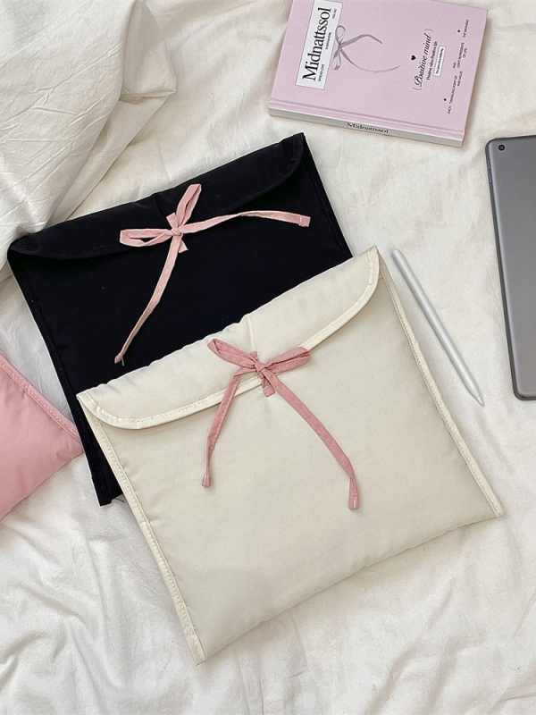 5321 Τσάντα φορητού υπολογιστή σε κορεατικό στυλ με φιόγκο, καπιτονέ, πολυεστέρας, φόδρα πολυεστέρας, μονοχρωμικό σχέδιο, άνοιξη 2025, για γυναίκες