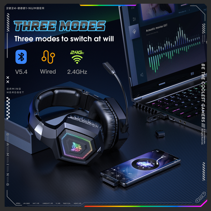 Bežične gaming slušalice Onikuma GT806 – 2.4G tri-mod, 50mm zvučnici, USB-C/USB, Mikrofon