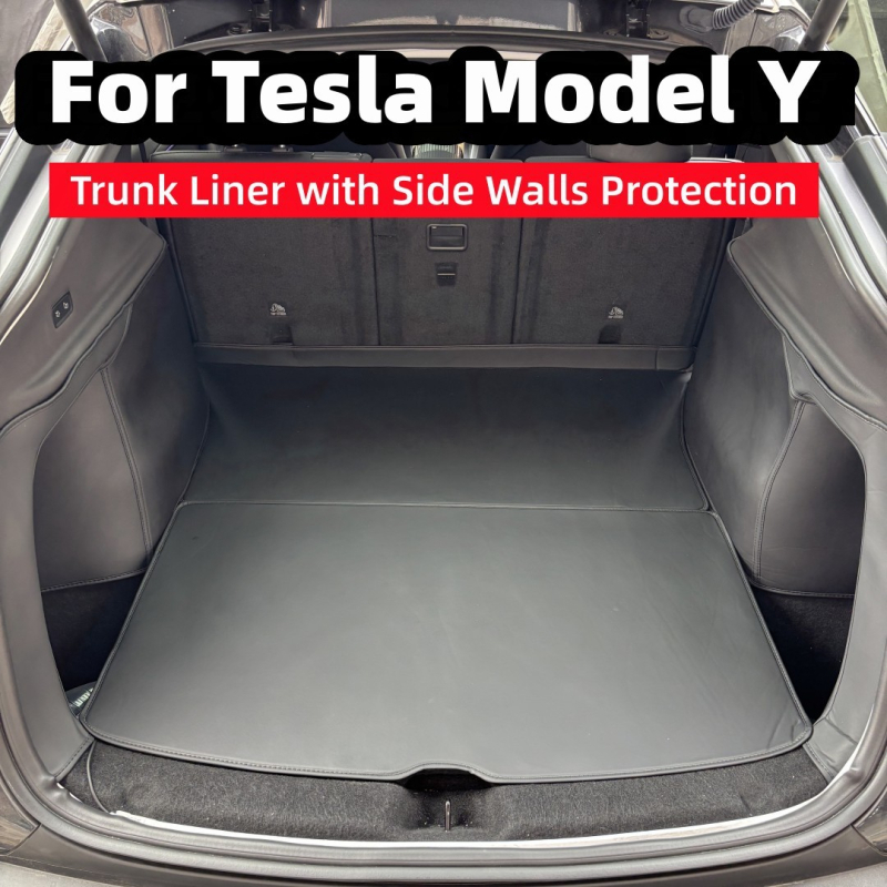 Odinis bagažinės kilimėlis Tesla Model Y/3 (nauja versija) su pilna šoninių apsaugos plokščių danga ir anti-kick pagalvėlėmis, visoms sezonoms, putų įdėklas
