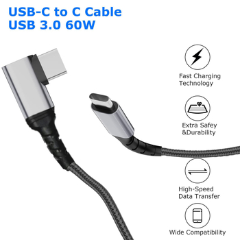 USB-C tkan kabel s pravim kutem za brzo punjenje, duljina 1–2 m, jedan krajnji konektor, do 100W, za mobitele, tablete i prijenosna računala
