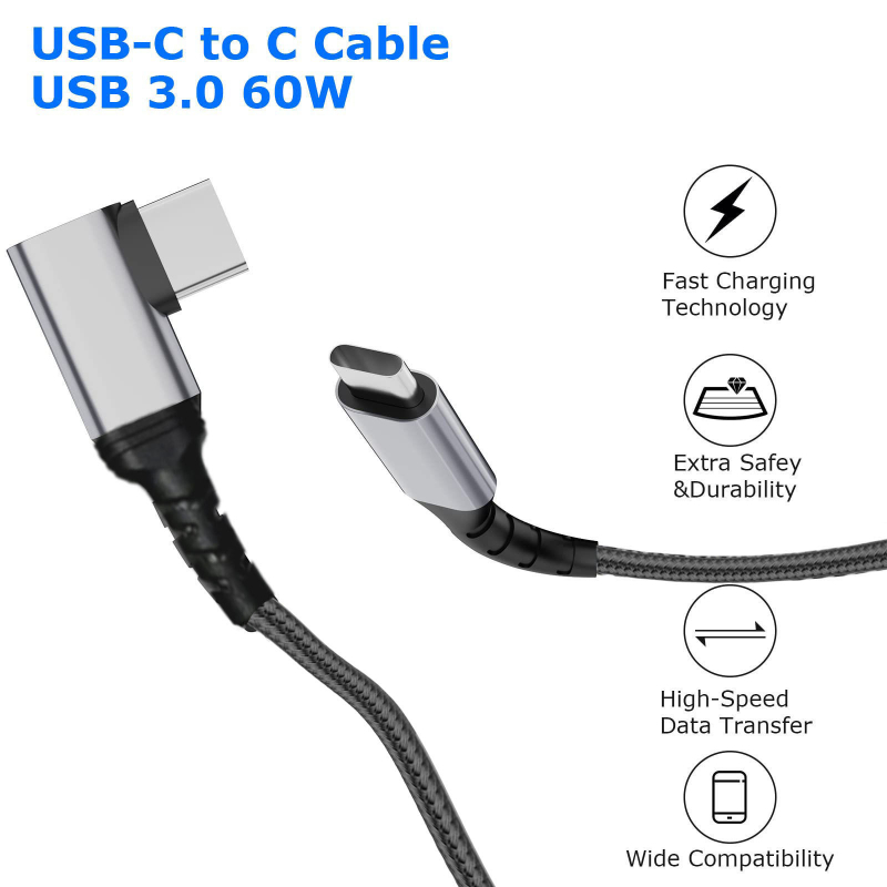 USB-C tkan kabel s pravim kutem za brzo punjenje, duljina 1–2 m, jedan krajnji konektor, do 100W, za mobitele, tablete i prijenosna računala
