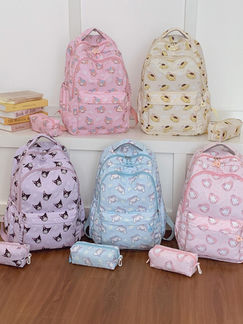 Nylon hátizsák nagy kapacitású, cartoon mintával, középiskolás diákok számára, görbült vállpántok