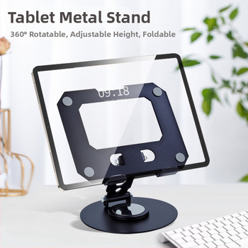 360°-os forgó fém tabletatartó asztali állvány, összecsukható kialakítás, állítható tabletához és telefonhoz — Modell 106