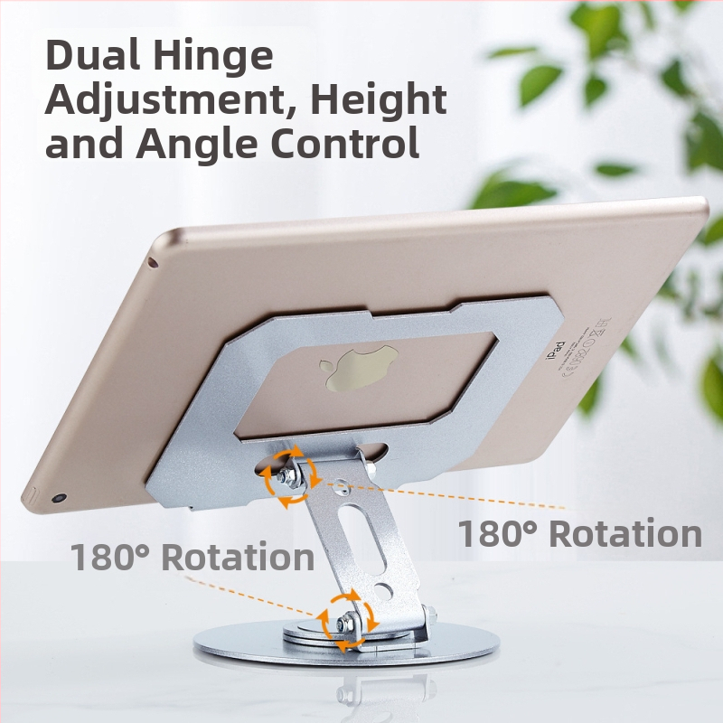 360°-os forgó fém tabletatartó asztali állvány, összecsukható kialakítás, állítható tabletához és telefonhoz — Modell 106