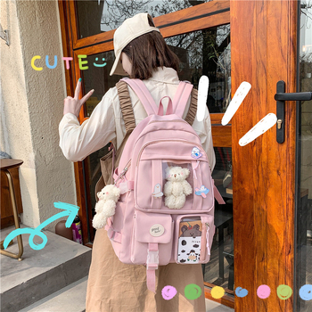 Rucsac școlar în stil Ins, capacitate mare, design Harajuku Ulzzang, închidere cu fermoar, exterior din nylon, căptușeală din poliester