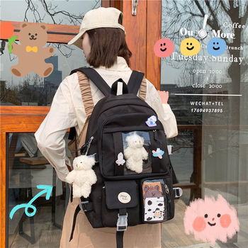 Rucsac școlar în stil Ins, capacitate mare, design Harajuku Ulzzang, închidere cu fermoar, exterior din nylon, căptușeală din poliester