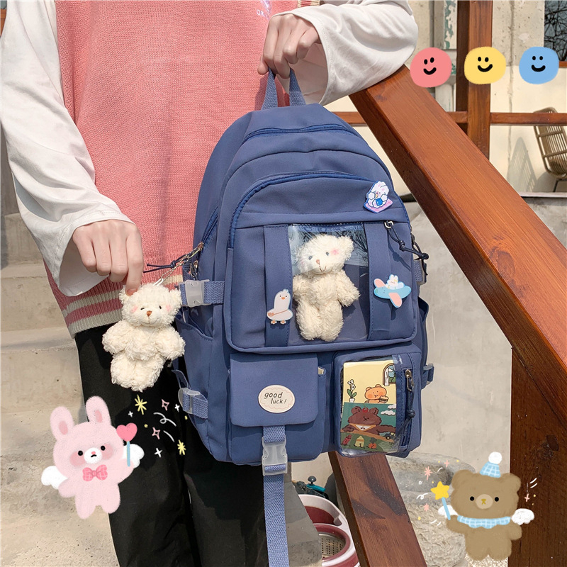 Rucsac școlar în stil Ins, capacitate mare, design Harajuku Ulzzang, închidere cu fermoar, exterior din nylon, căptușeală din poliester