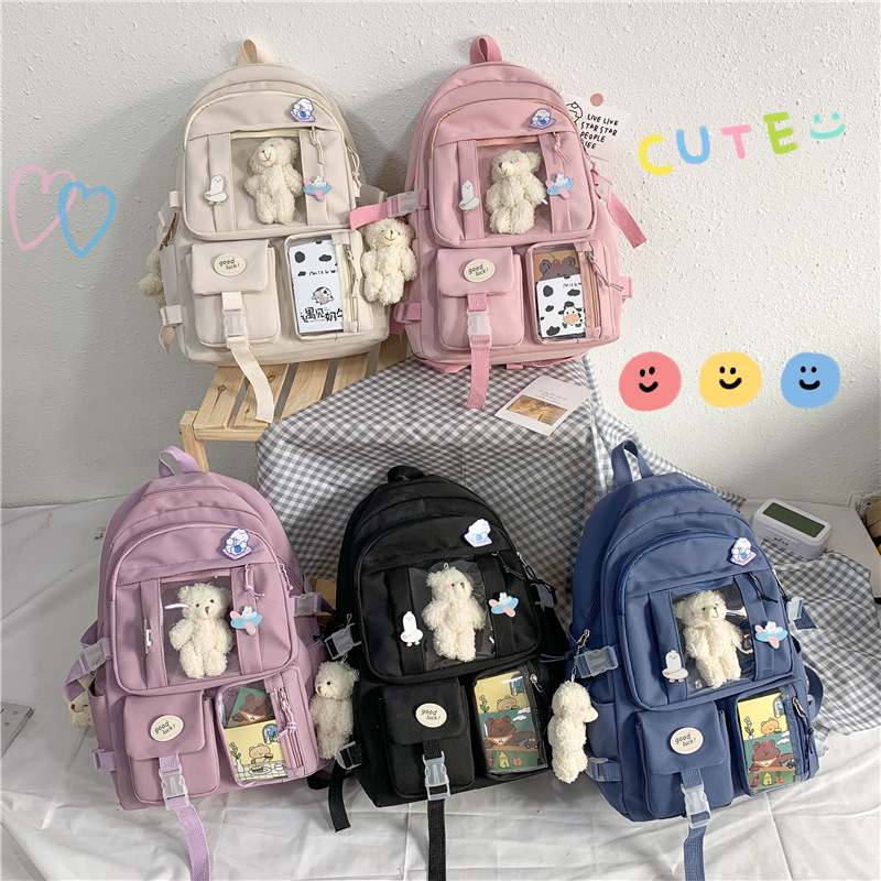Rucsac școlar în stil Ins, capacitate mare, design Harajuku Ulzzang, închidere cu fermoar, exterior din nylon, căptușeală din poliester