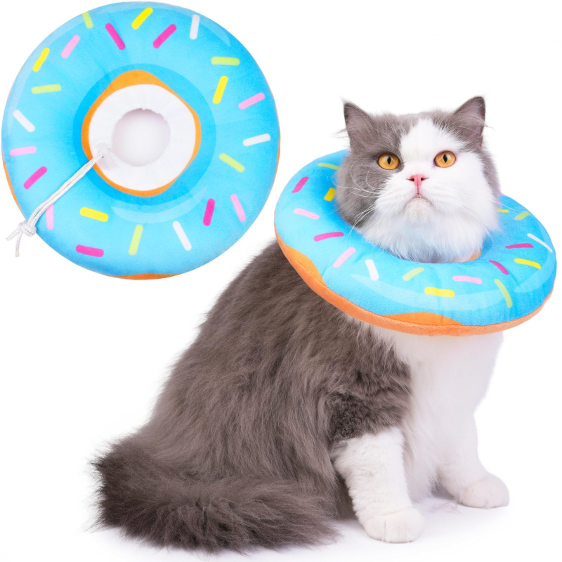 Colier de recuperare pentru pisici, în formă de donut, reglabil, material moale (textil + bumbac PP)