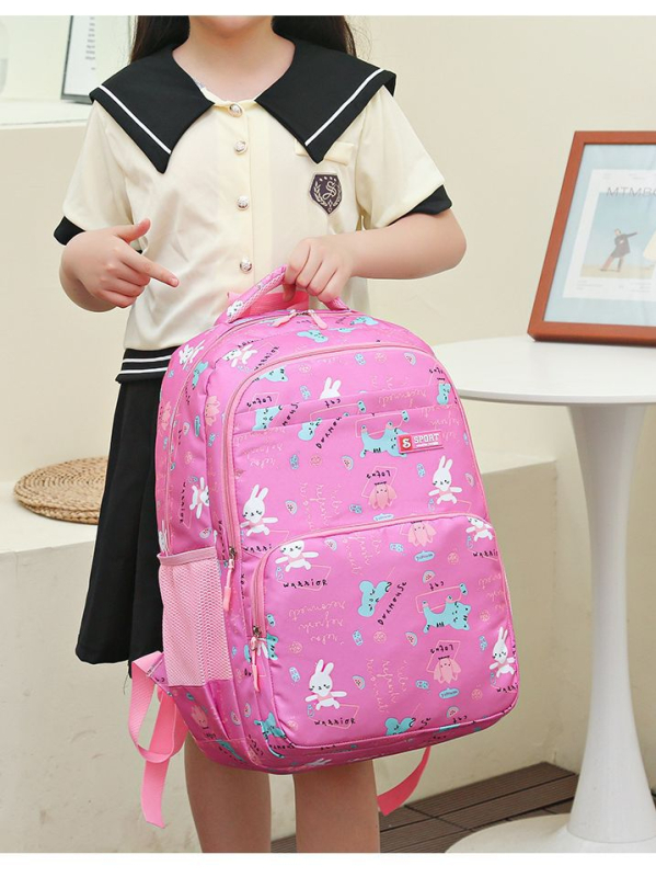 Rucsac școlar pentru copii - din pânză, ultraușor, imprimeu cu iepuraș, bretele curbate, pentru clasele 3-4