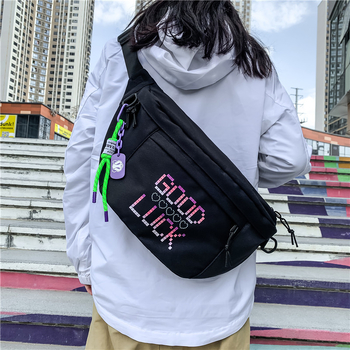 Geantă de piept pentru bărbați, stil stradal, din nailon, impermeabilă și rezistentă la uzură, model cu litere, compatibilă cu laptop de 8 inch, utilizare zilnică