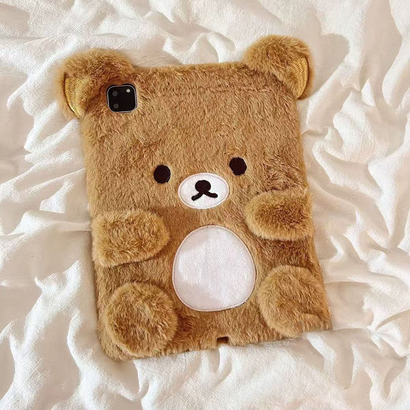 Husă pluș pentru iPad cu design Rilakkuma – TPU, embosat, suport, cu magnet, protecție împotriva căderilor
