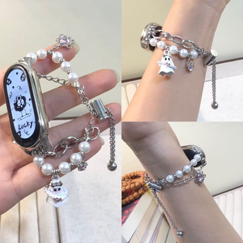 NFC kompatibilný remienok pre Mi Band 10/9/8 – dizajn Little Ghost s perlami, kovový remienok, 18 mm konektor, sponová spona