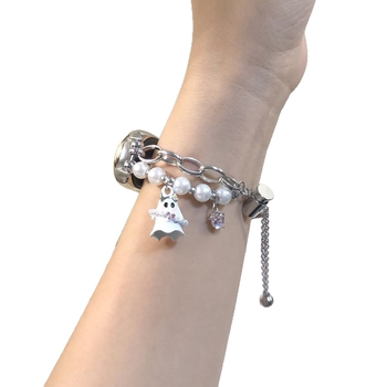 NFC kompatibilný remienok pre Mi Band 10/9/8 – dizajn Little Ghost s perlami, kovový remienok, 18 mm konektor, sponová spona