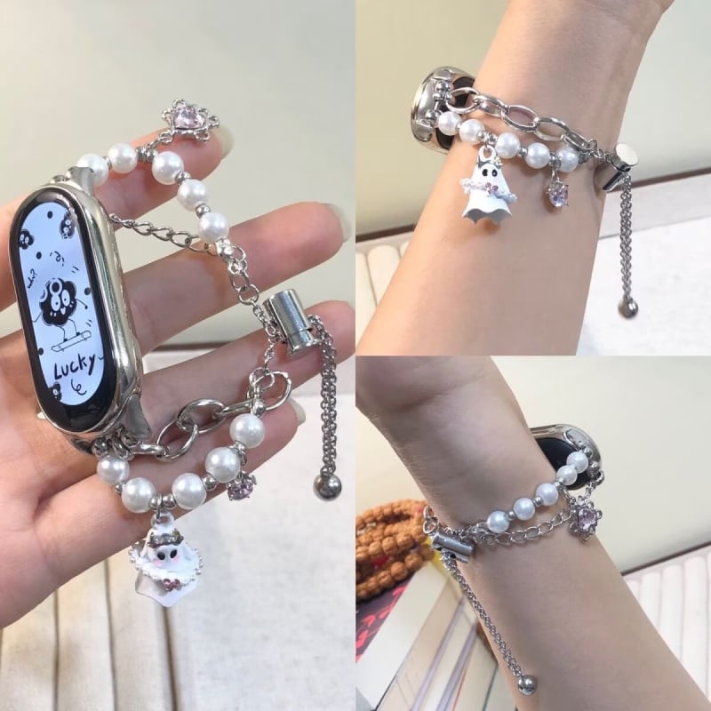 NFC kompatibilný remienok pre Mi Band 10/9/8 – dizajn Little Ghost s perlami, kovový remienok, 18 mm konektor, sponová spona