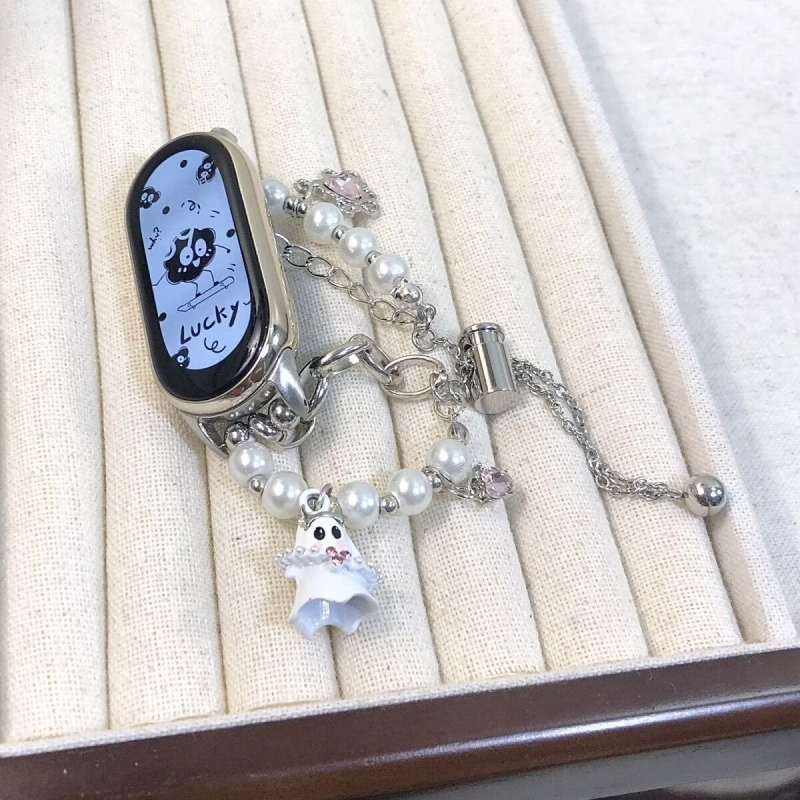 NFC kompatibilný remienok pre Mi Band 10/9/8 – dizajn Little Ghost s perlami, kovový remienok, 18 mm konektor, sponová spona
