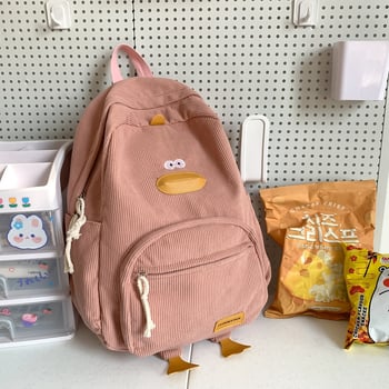 Iskolai hátizsák japán/koreai stílusú kacsa motívummal, uniszex, 20–35 l kapacitás, corduroy, kopásálló, helyet biztosít 14 hüvelykes laptop számára, görbült vállpántok, őszi 2025 megjelenés