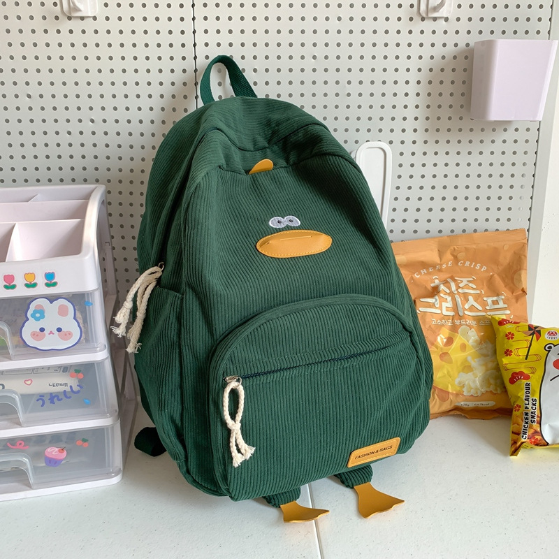 Iskolai hátizsák japán/koreai stílusú kacsa motívummal, uniszex, 20–35 l kapacitás, corduroy, kopásálló, helyet biztosít 14 hüvelykes laptop számára, görbült vállpántok, őszi 2025 megjelenés