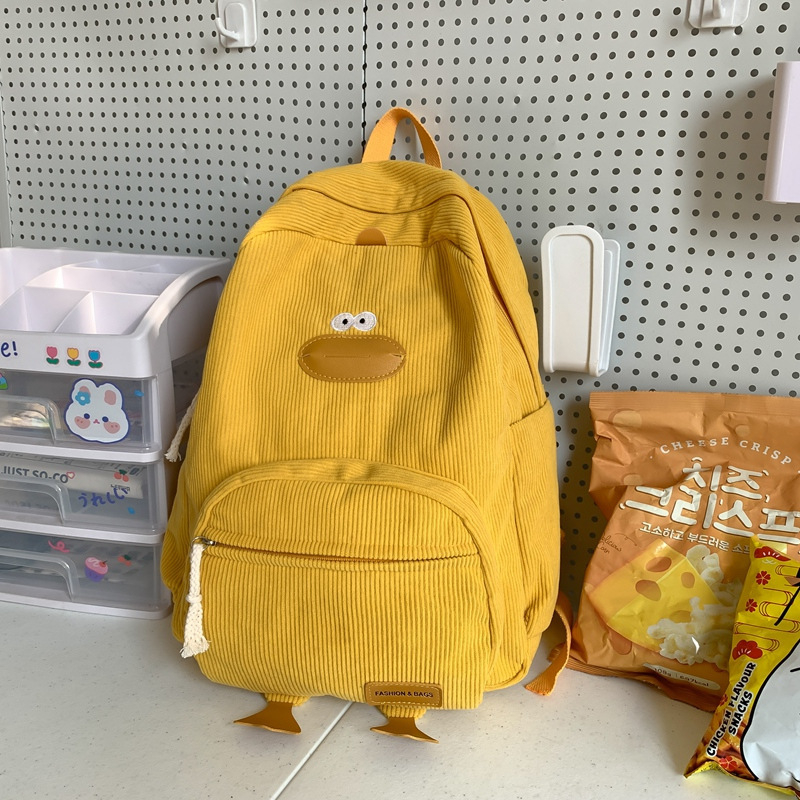 Iskolai hátizsák japán/koreai stílusú kacsa motívummal, uniszex, 20–35 l kapacitás, corduroy, kopásálló, helyet biztosít 14 hüvelykes laptop számára, görbült vállpántok, őszi 2025 megjelenés