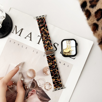 Brățară de ceas din rășină cu imprimeu leopard, trei mărgele, pentru Apple Watch; închidere cu cataramă; dimensiuni de interfață reglabile; compatibilă cu Apple, Samsung, Garmin, Huawei, Casio