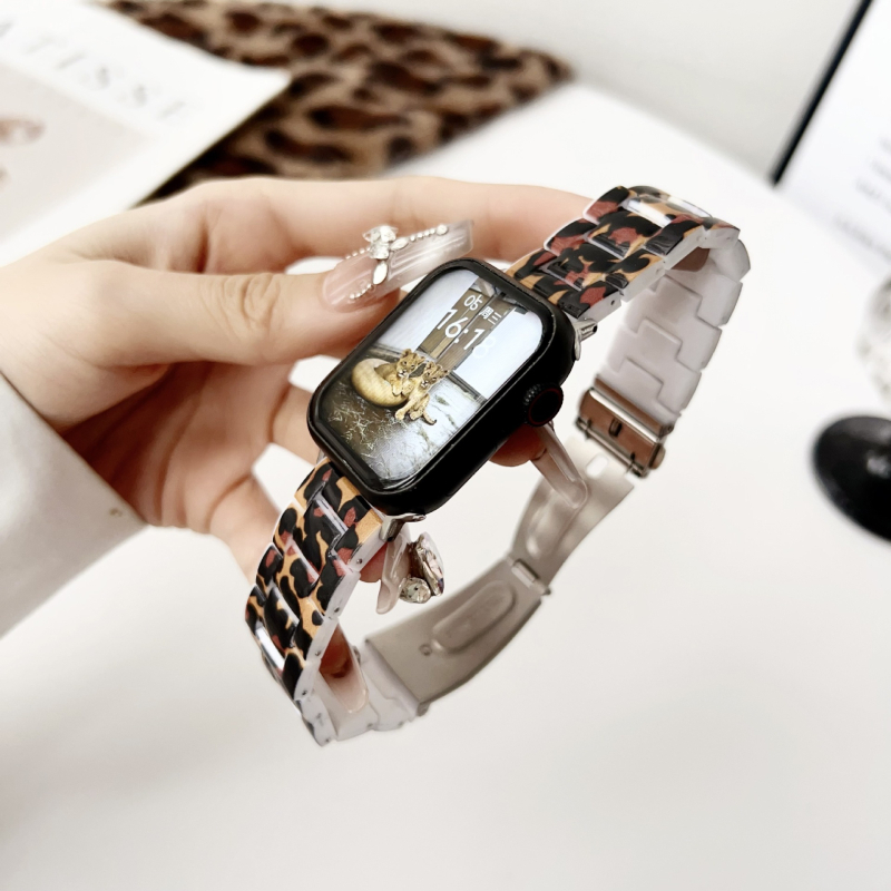 Brățară de ceas din rășină cu imprimeu leopard, trei mărgele, pentru Apple Watch; închidere cu cataramă; dimensiuni de interfață reglabile; compatibilă cu Apple, Samsung, Garmin, Huawei, Casio