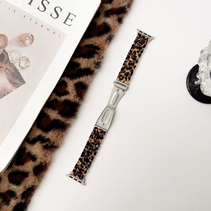 Brățară de ceas din rășină cu imprimeu leopard, trei mărgele, pentru Apple Watch; închidere cu cataramă; dimensiuni de interfață reglabile; compatibilă cu Apple, Samsung, Garmin, Huawei, Casio