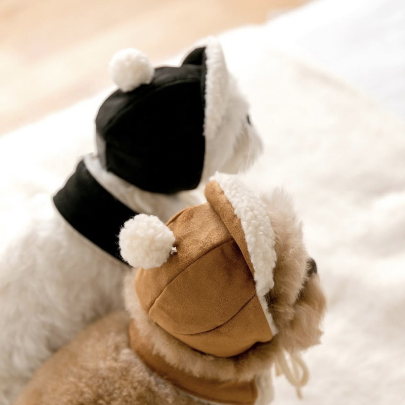 Set pălărie și fular pentru animale de companie, stil coreean nubuk, lână de miel, twill monocrom cu emboss, utilizare pentru toate anotimpurile