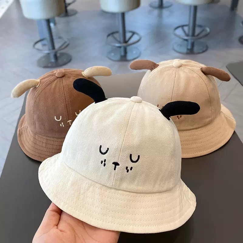 Gyerekeknek szóló pamut bucket sapka, széles széle, kutyás motívum, napvédelem, légáteresztő