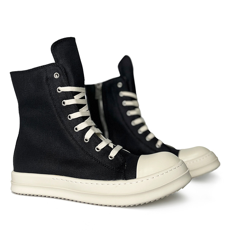 Adidași de canvas înalți pentru bărbați, talpă groasă, fermoar lateral, vârf rotund