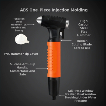 Chebaibei Automobilski čekić za nuždu, višefunkcionalni alat za spašavanje i razbijanje stakla, sa silikonskim kućištem — Materijal: Tungsten steel + ABS + metal; Težina: 210 g