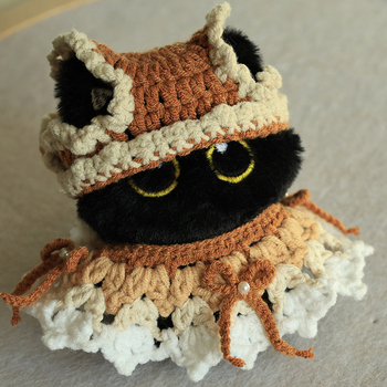 Șapcă tricotată pentru animale de companie cu guler pentru pisici și câini, model color-matching, din lână, lucrată manual, set