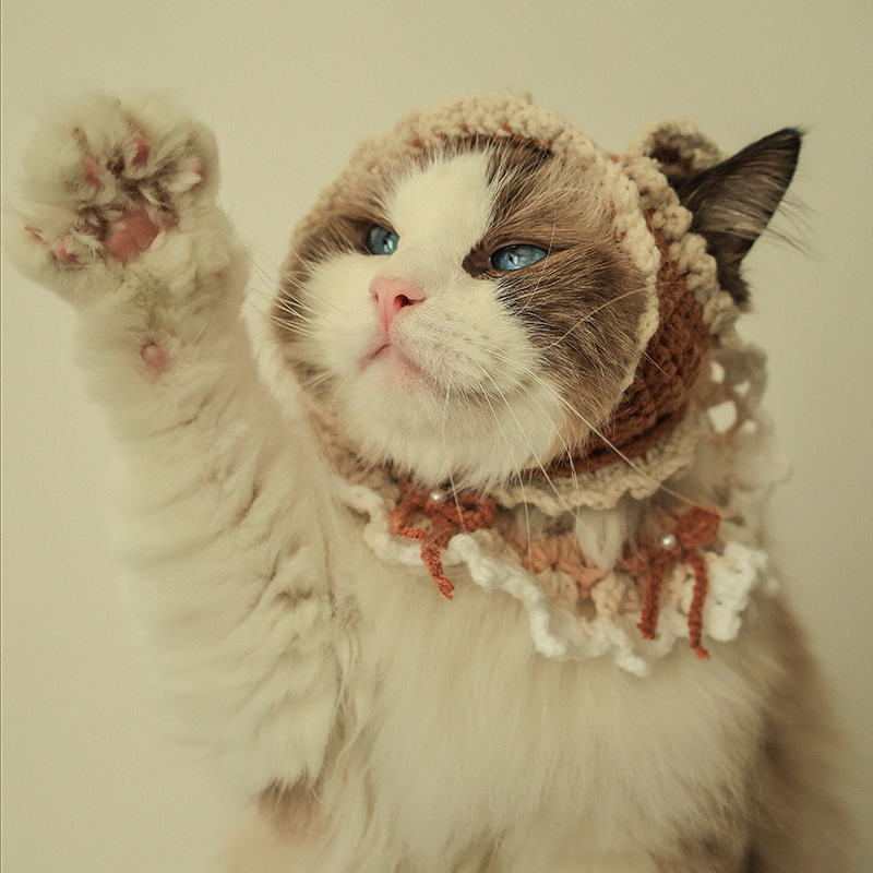 Șapcă tricotată pentru animale de companie cu guler pentru pisici și câini, model color-matching, din lână, lucrată manual, set