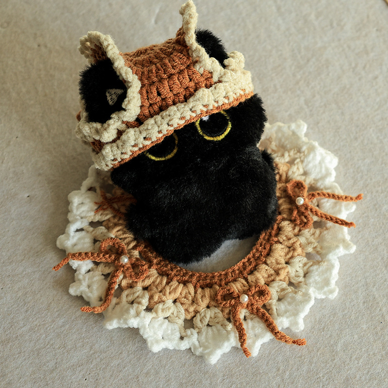 Șapcă tricotată pentru animale de companie cu guler pentru pisici și câini, model color-matching, din lână, lucrată manual, set