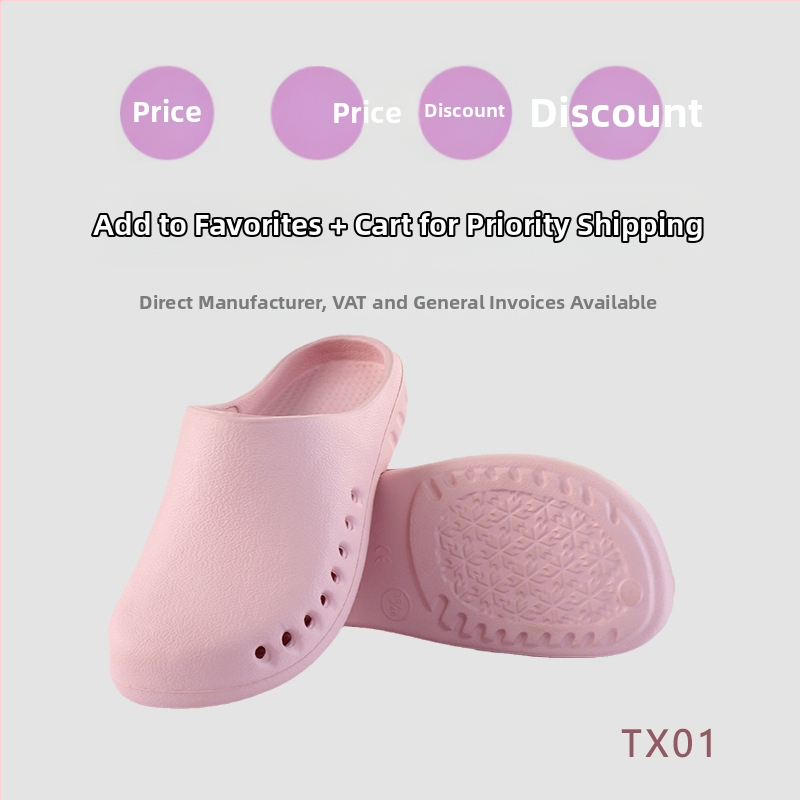 Operacinės salės šlepetės su EVA viršutine dalimi, EVA viduje, gumine neslydinti pada, pada technologija: injekcinis formavimas