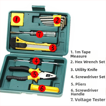 Namų įrankių rinkinys – 11- ar 12-dalių lydinio plieno rinkinys su plaktuku, veržliarakčiu, atsuktuvais ir replėmis – 0,5 kg
