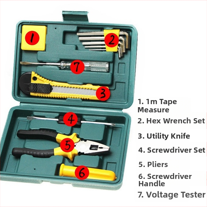 Namų įrankių rinkinys – 11- ar 12-dalių lydinio plieno rinkinys su plaktuku, veržliarakčiu, atsuktuvais ir replėmis – 0,5 kg